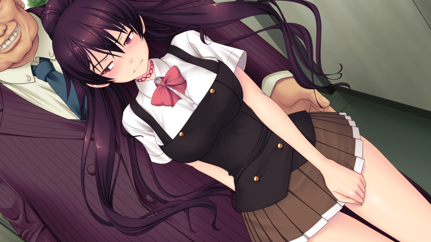 1boy, 1girl, blush, bow, breasts, brown_skirt, choker, covering_privates, dutch_angle, embarrassed, fat, fat_man, formal_clothes, game_cg, genseishinki_sacred_virth, grin, hetero, large_breasts, large_variant_set, long_hair, necktie, non-web_source, official_art, pinstripe_pattern, pleated_skirt, ponytail, purple_eyes, purple_hair, school_uniform, self-datamine, skirt, skirt_tug, smile, suit, teeth, ugly_bastard, variant_set, yuugure_pairo, yuuki_setsu