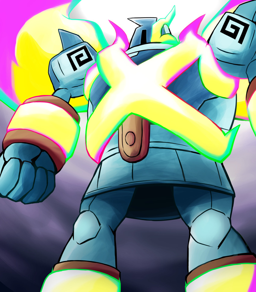 absurdres, anttitanic, clenched_hand, commentary_request, from_below, gen_5_pokemon, golurk, highres, mega_golurk, mega_pokemon, nintendo, no_humans, pokemon, pokemon_(creature), pokemon_focus, solo, standing