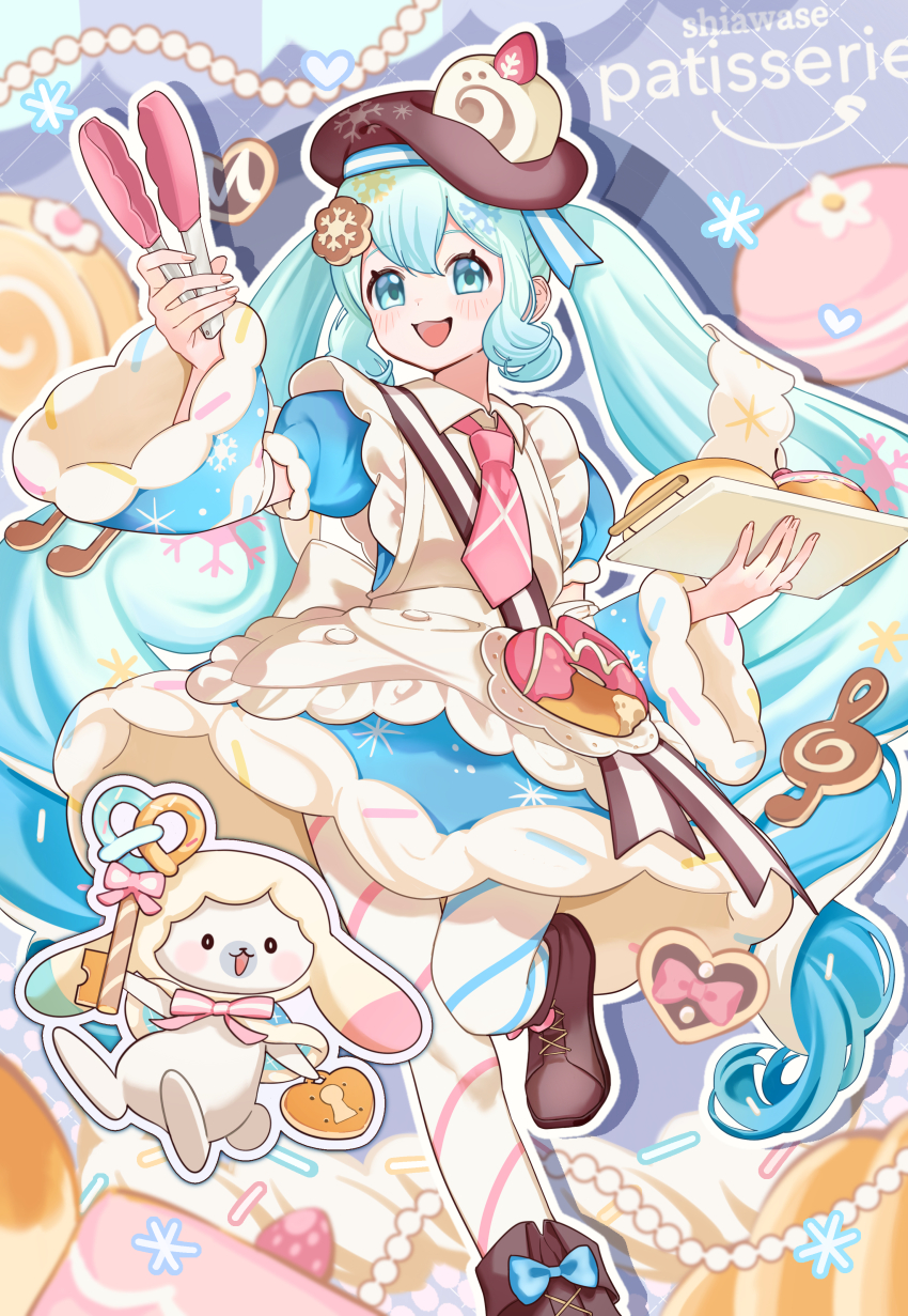 1girl, absurdres, animal, apron, aqua_eyes, aqua_hair, asymmetrical_legwear, blue_bow, blue_dress, blue_eyes, blue_hair, blue_sleeves, blush, boots, bow, bowtie, bread, brown_boots, brown_hat, commentary_request, dessert, detached_sleeves, donut, dress, dress_bow, food, food-themed_clothes, food-themed_hat_ornament, foot_out_of_frame, frilled_apron, frills, fruit, fur-trimmed_dress, fur-trimmed_sleeves, fur_trim, hair_between_eyes, hair_ornament, hat, hat_ornament, hatsune_miku, highres, holding, holding_tongs, holding_tray, kaninoto, knee_boots, long_hair, long_sleeves, looking_at_viewer, macaron, mismatched_legwear, necktie, official_alternate_costume, official_alternate_hairstyle, open_mouth, pantyhose, pink_necktie, puffy_sleeves, rabbit_yukine, short_sleeves, smile, snowflake_print, striped_clothes, striped_pantyhose, tongs, tray, twintails, two-tone_sleeves, very_long_hair, vocaloid, wavy_hair, white_apron, yuki_miku, yuki_miku_(2026)