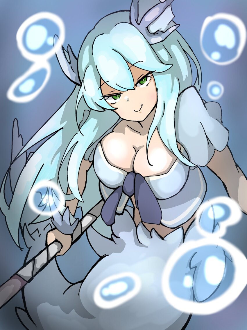 1girl, air_bubble, animal_ears, blue_hair, blue_shirt, bow, breasts, bubble