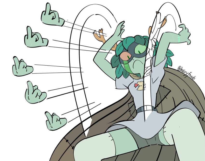 1girl, adventure_time, adventure_time:_fionna_and_cake, antlers, black_mask, colored_skin, domino_mask, eye_mask, frown, green_skin, hair_branch, hairyfood1, horns, huntress_wizard, mask, meme, middle_finger, random_bullshit_go_(meme), twitter_username