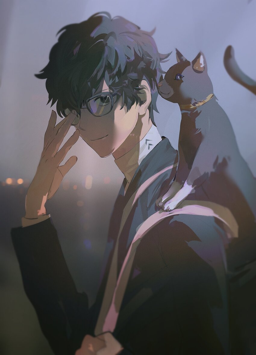 1boy, adjusting_eyewear, amamiya_ren, animal, animal_on_shoulder, backpack, bag, black_eyes