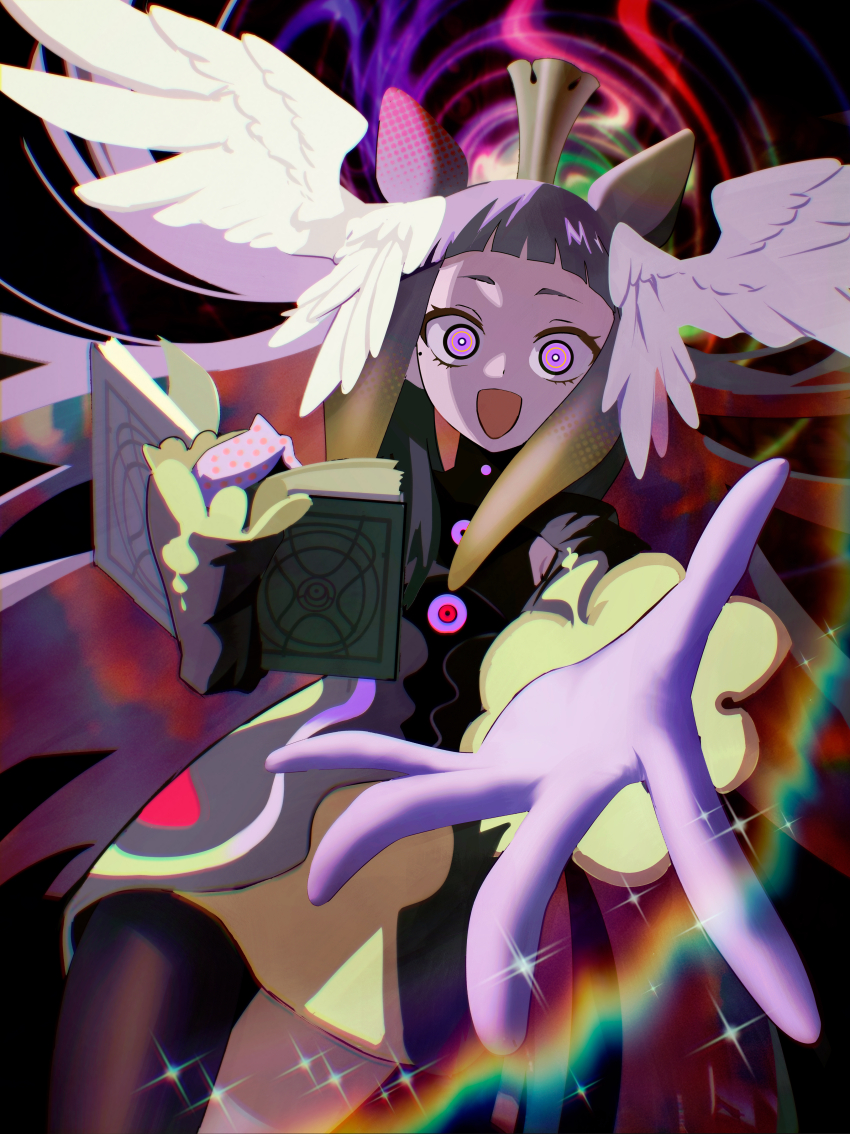 absurdres, book, commentary, crown, dot_nose, dress, english_commentary, eye_print