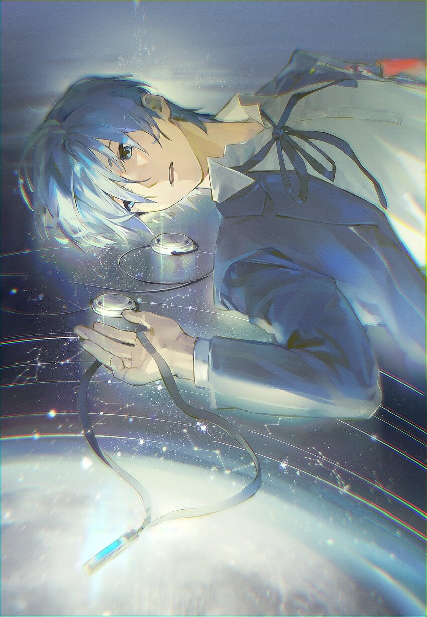 1boy, absurdres, blue_eyes, blue_hair, blue_ribbon, collared_shirt, digital_walkman, earphones_removed