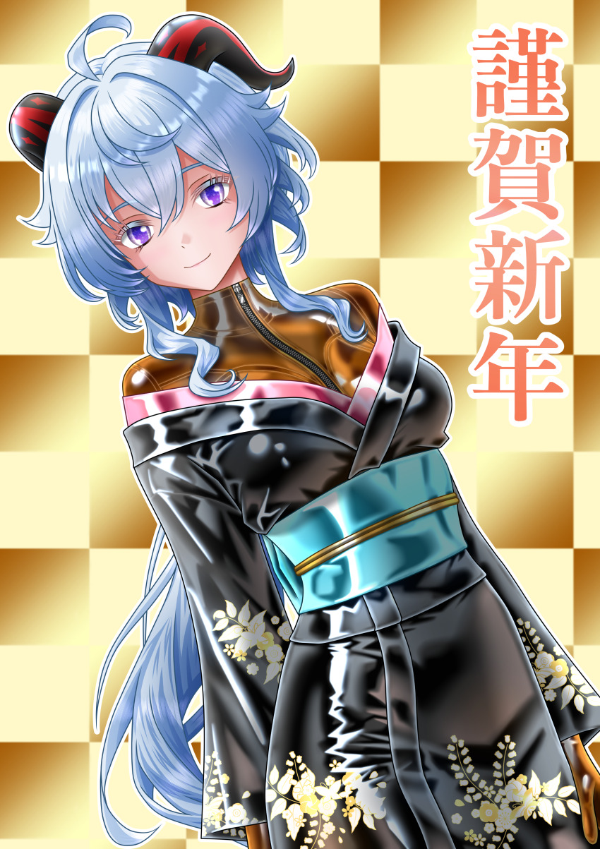 1girl, absurdres, ahoge, arms_at_sides, black_kimono, blue_hair, blue_sash, bodysuit, bodysuit_under_clothes, breasts, commentary_request, ganyu_(genshin_impact), genshin_impact, highres, horns, japanese_clothes, kimono, kstrx-tca, latex, latex_bodysuit, latex_kimono, long_hair, looking_at_viewer, medium_breasts, off_shoulder, orange_bodysuit, purple_eyes, sash, skin_tight, smile, solo, very_long_hair