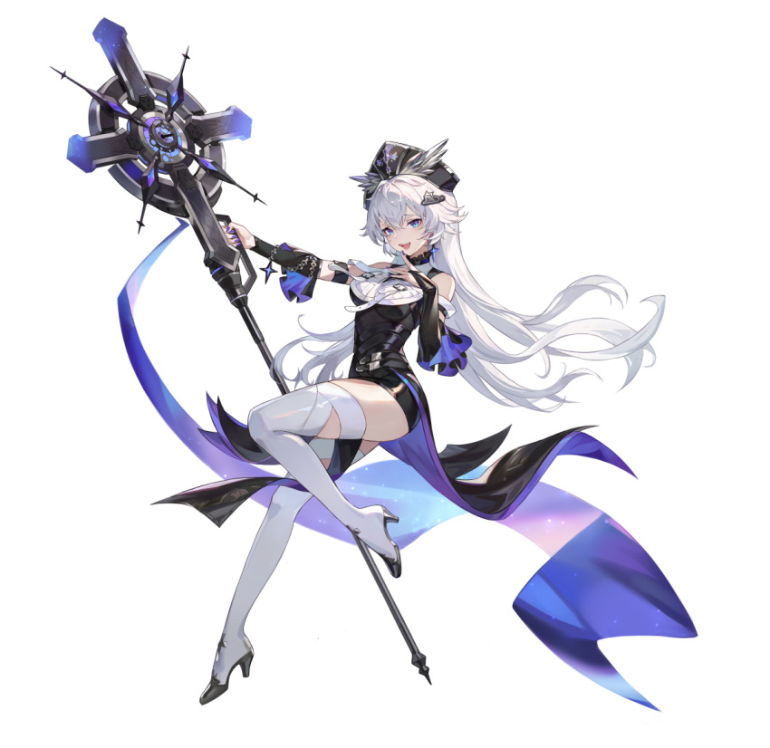 1girl, bare_shoulders, belt, black_belt, black_headdress, blue_eyes, boots, breasts