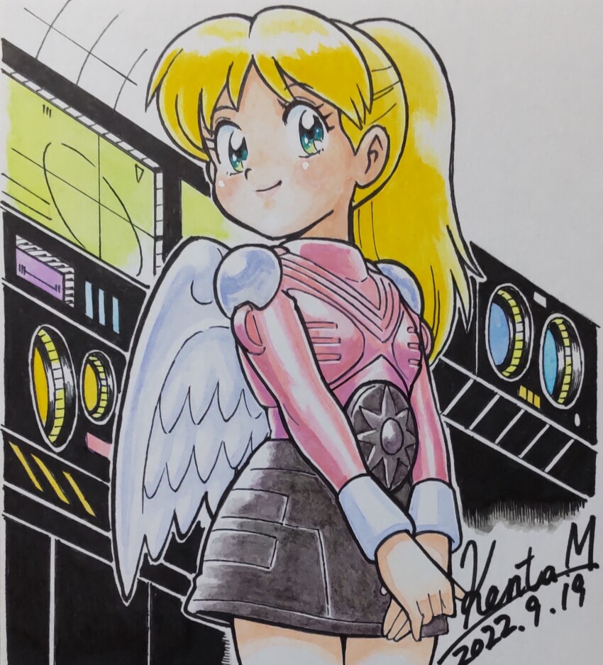 1girl, ai_(microman), ai_(microman)_(cosplay), alternate_hair_color, armor, armored_skirt, black_armor, blonde_hair