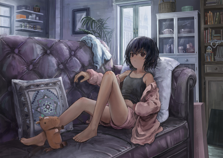 1girl, barefoot, black_camisole, black_eyes, black_hair, book, cabinet, camisole, cardigan, cardigan_partially_removed, closed_mouth, couch, cup, expressionless, full_body, highres, indoors, katamimi123, knee_up, on_couch, on_pillow, original, pillow, pink_cardigan, pink_shorts, plate, reclining, shelf, short_hair, short_shorts, shorts, slice_of_life, solo, spaghetti_strap, stuffed_animal, stuffed_horse, stuffed_toy, window, wispy_bangs