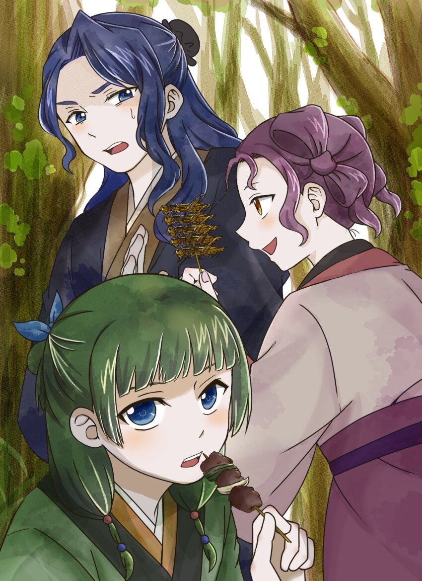 3girls, beads, blue_eyes, blue_hair, blunt_bangs, bun_cover, chinese_clothes, commentary_request