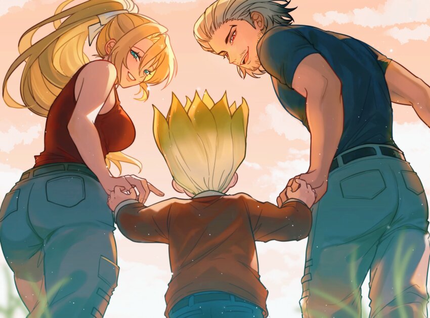 1girl, 2boys, absurdres, ass, bare_arms, bare_shoulders, belt, black_belt