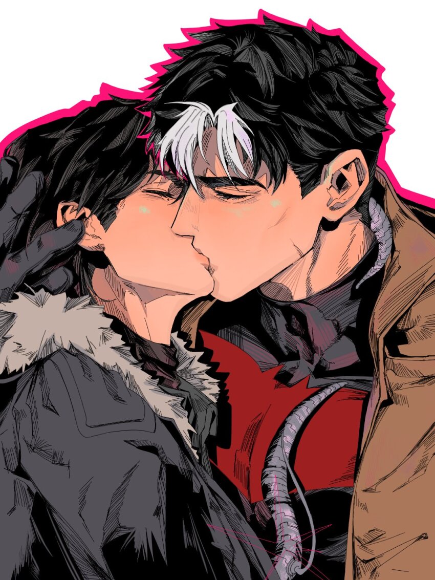 1boy, 1girl, batman_(series), batman_symbol, black_bodysuit, black_gloves, black_hair, bodysuit, brown_jacket, closed_eyes, dc_comics, e2_yhxloki, french_kiss, gloves, grey_bodysuit, hashtag-only_commentary, hetero, highres, jacket, jason_todd, kiss, long_hair, multicolored_bodysuit, muscular, muscular_male, open_clothes, red_hood_(dc), red_hood_and_the_outlaws, shirt, short_hair, superhero_costume, taut_bodysuit, two-tone_bodysuit