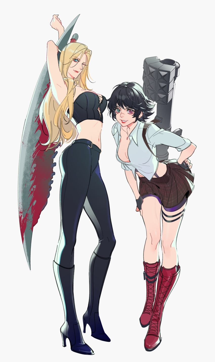 2girls, absurdres, arm_behind_head, arms_up, black_boots, black_gloves, black_hair, black_pants