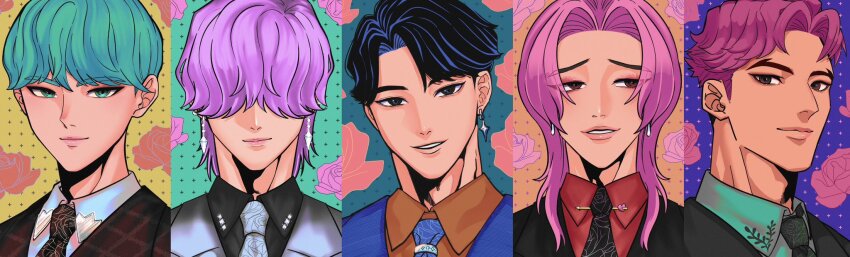 5boys, abby_(kpop_demon_hunters), aqua_hair, baby_(kpop_demon_hunters), black_hair, collared_shirt, commentary, earrings