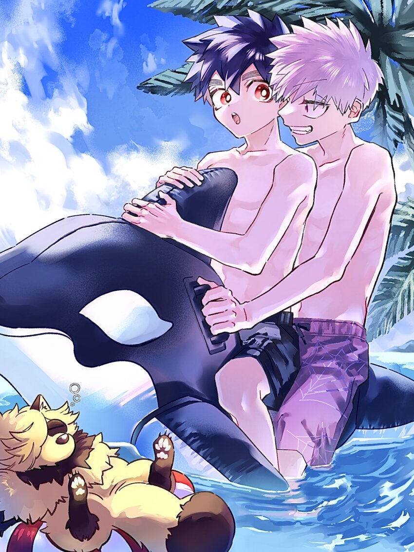 3boys, highres, inugami_kohachi, kemono_jihen, kusaka_kabane, male_focus, male_swimwear, multiple_boys