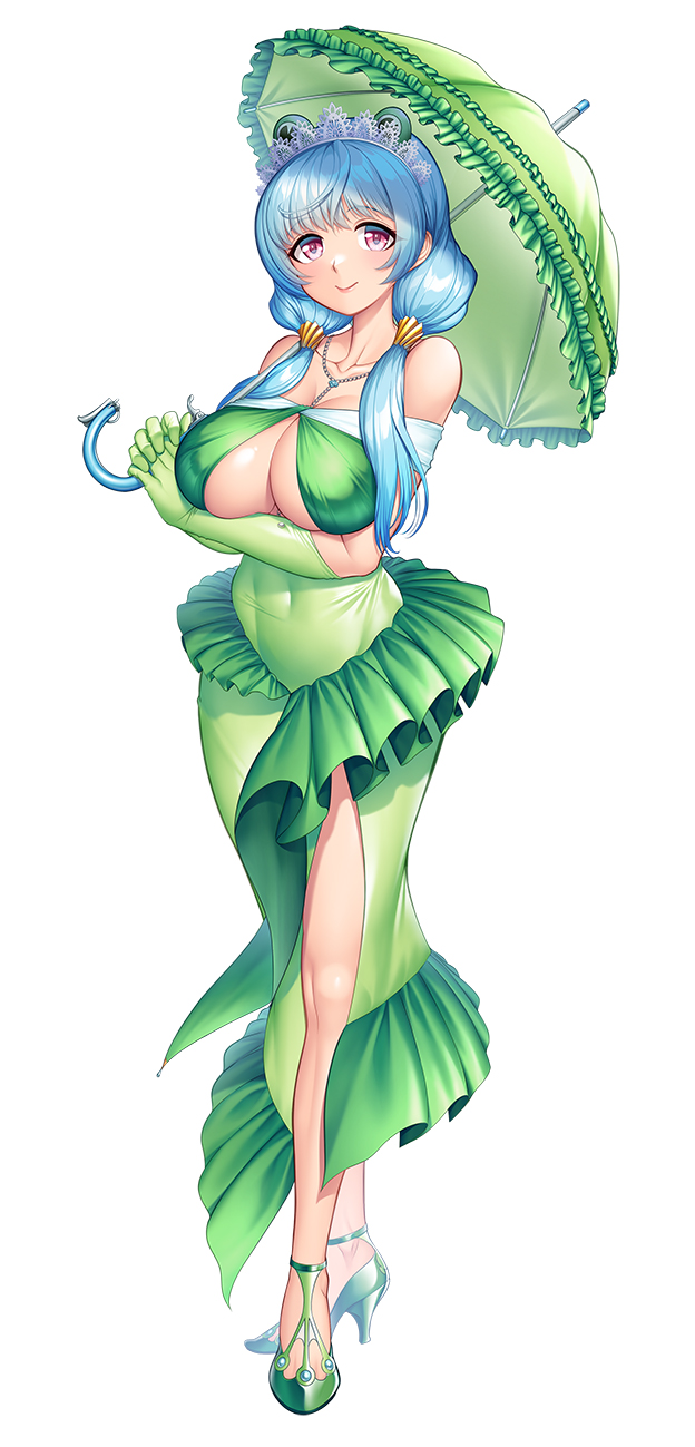 1girl, amanaki_ui, blue_hair, breasts, commentary_request, dress, elbow_gloves, frilled_dress