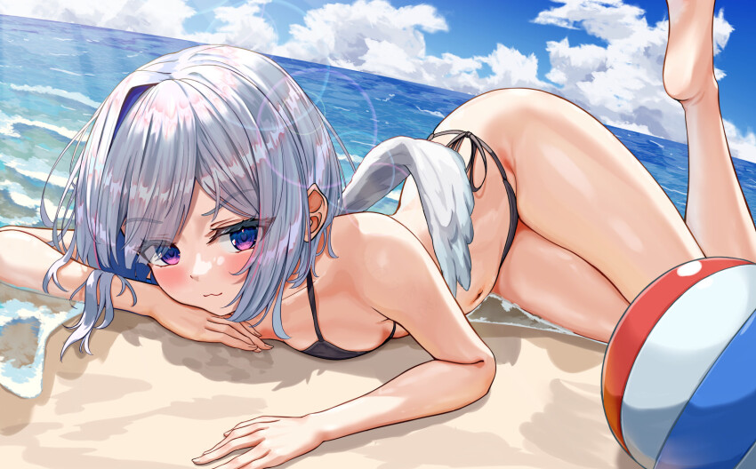 1girl, amane_kanata, angel_wings, ball, bare_shoulders, barefoot, beachball, bikini