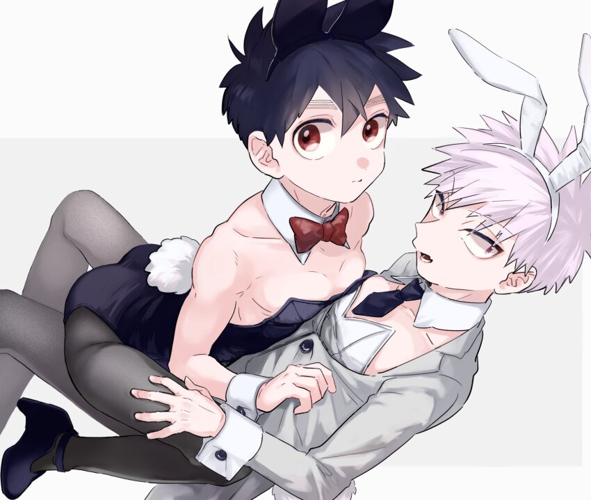 2boys, bare_shoulders, black_hair, black_pantyhose, bow, bowtie, closed_mouth, detached_collar