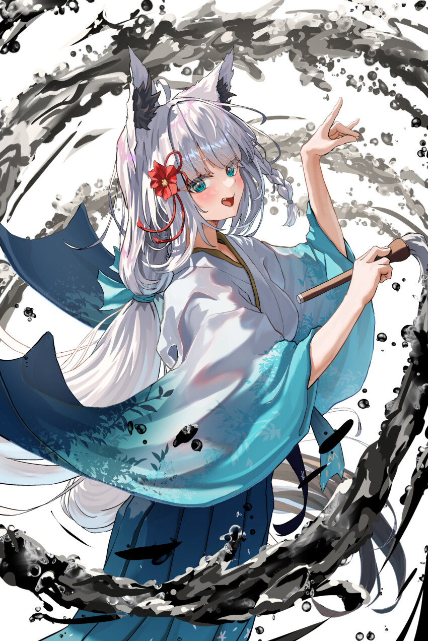 1girl, animal_ears, blue_eyes, commentary_request, fox_ears, fox_girl, fox_tail, grey_hair