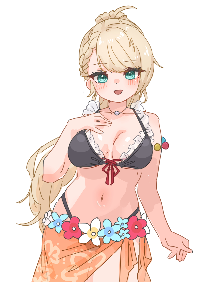 1girl, :d, absurdres, bikini, black_bikini, blonde_hair, blue_eyes, blue_flower