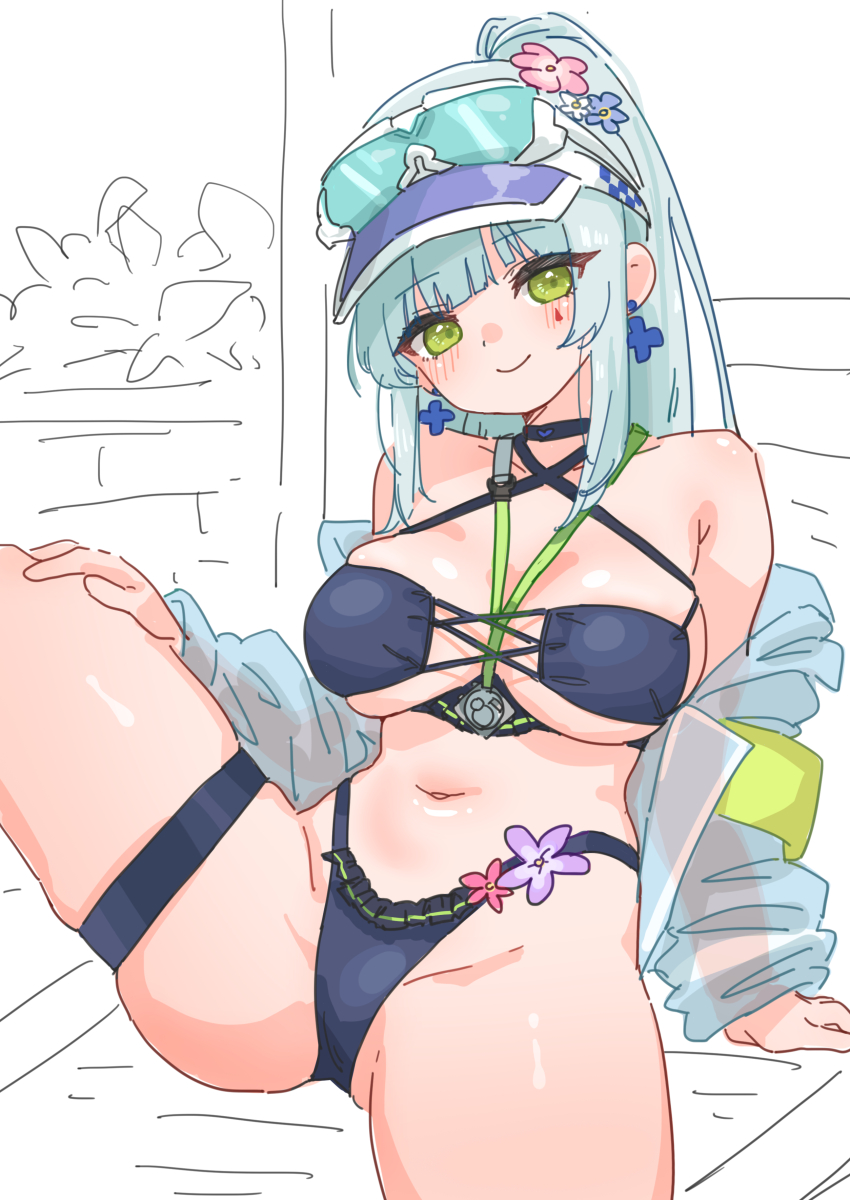 1girl, absurdres, bikini, black_bikini, blue_hair, blush, breasts, commentary_request