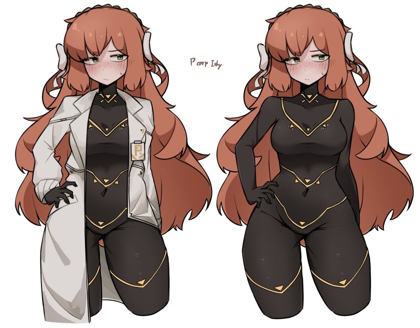 1girl, black_bodysuit, blush, bodysuit, bow, breasts, cesara_(project_moon), coat, cowboy_shot, freckles, green_eyes, hair_bow, hairband, hand_on_own_hip, highres, ishmael_(project_moon), lab_coat, light_frown, limbus_company, long_hair, looking_to_the_side, multiple_views, open_clothes, open_coat, orange_hair, p_corp_uniform, project_moon, simple_background, skin_tight, skkazu1, turtleneck, turtleneck_bodysuit, upper_body, very_long_hair, wide_hips