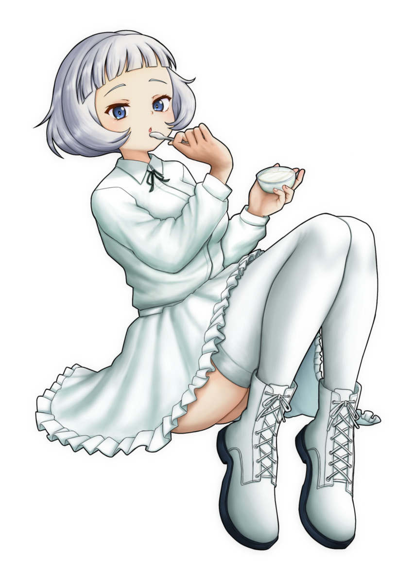 1girl, :o, absurdres, amanone_yun, ankle_boots, black_ribbon, blue_eyes, blunt_bangs, bob_cut, boots, collared_shirt, commentary, cup, floating, frilled_skirt, frills, girls_und_panzer, highres, holding, holding_cup, holding_spoon, knees_up, long_sleeves, looking_at_viewer, miniskirt, neck_ribbon, parted_lips, ribbon, school_uniform, shirt, shoes, short_hair, simple_background, skirt, solo, sophia_(girls_und_panzer), spoon, thighhighs, white_background, white_hair, white_shirt, white_shoes, white_skirt, white_thighhighs, wing_collar, yogurt, yogurt_school_uniform
