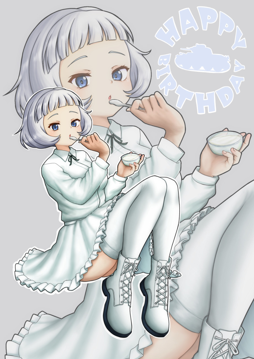 1girl, :o, absurdres, amanone_yun, ankle_boots, birthday, black_ribbon, blue_eyes, blunt_bangs, bob_cut, boots, collared_shirt, commentary, cup, english_text, floating, frilled_skirt, frills, girls_und_panzer, grey_background, happy_birthday, highres, holding, holding_cup, holding_spoon, knees_up, long_sleeves, looking_at_viewer, miniskirt, neck_ribbon, outline, parted_lips, ribbon, school_uniform, shirt, shoes, short_hair, skirt, solo, sophia_(girls_und_panzer), spoon, thighhighs, white_hair, white_outline, white_shirt, white_shoes, white_skirt, white_thighhighs, wing_collar, yogurt, yogurt_school_uniform, zoom_layer