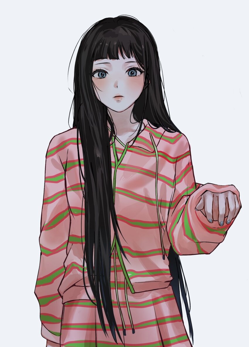 1girl, blue_eyes, blue_nails, blush, bo1_27, cowboy_shot, hair_over_shoulder, hand_up, hashtag-only_commentary, highres, illit, jellyous_(illit), k-pop, long_hair, looking_at_viewer, pajamas, pants, parted_lips, pink_pants, pink_shirt, real_life, shirt, simple_background, solo, striped_clothes, white_background, wide-eyed, wispy_bangs, wonhee_(illit)