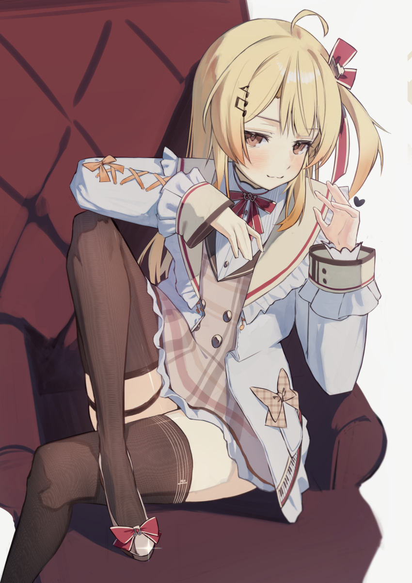 1girl, ahoge, blonde_hair, bongk, brown_dress, brown_sailor_collar, commentary_request, couch