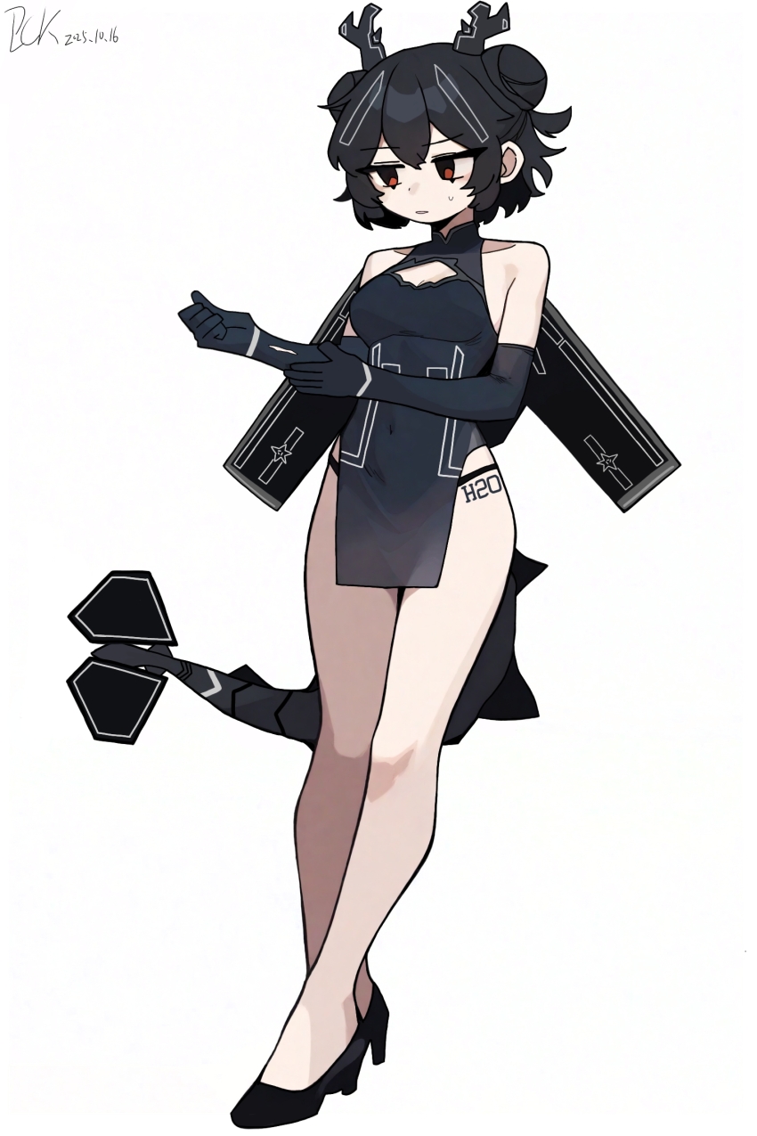 1girl, aircraft, airplane, artist_name, black_hair, black_panties, black_shoes, bomber, china_dress, chinese_clothes, commentary_request, covered_navel, double_bun, dragon_girl, dragon_horns, dress, elbow_gloves, english_text, gloves, hair_bun, high_heels, highres, horns, mecha_musume, military_vehicle, original, panties, panty_straps, pckcool, pelvic_curtain, people's_liberation_army, people's_liberation_army_air_force, red_eyes, shoes, sweatdrop, tail, underwear, wings, xi'an_h-20