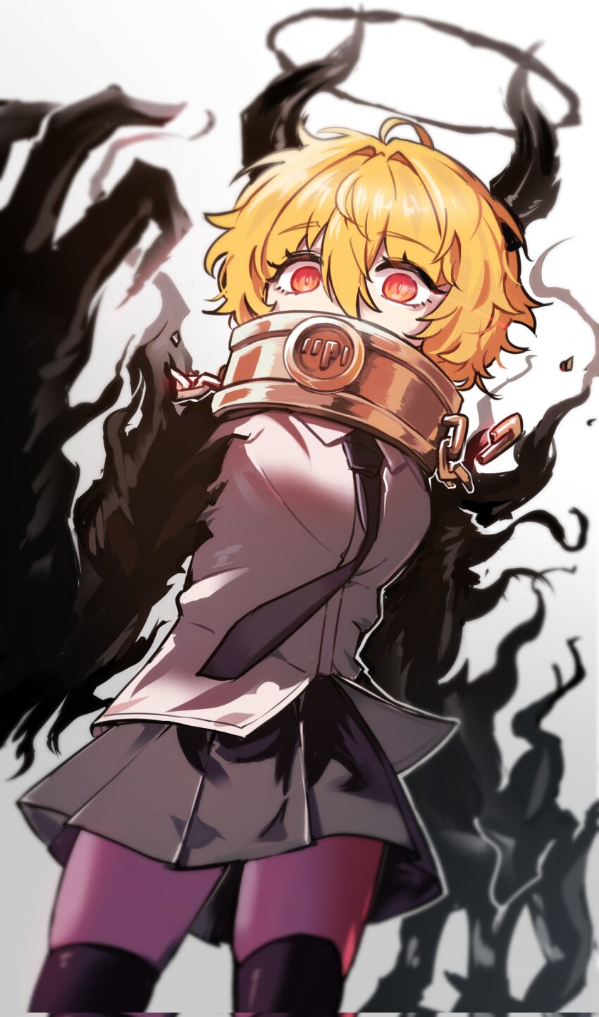 1girl, ahoge, black_claws, black_halo, black_hands, black_horns, black_necktie, black_skirt, black_thighhighs, blonde_hair, breasts, broken, broken_chain, chain, claws, collar, collared_shirt, colored_extremities, cowboy_shot, don_quixote_(project_moon), e.g.o_(project_moon), gradient_background, hair_between_eyes, halo, hashtag-only_commentary, highres, horns, index_(identity)_(project_moon), kuaengku, limbus_company, looking_at_viewer, messy_hair, metal_collar, miniskirt, necktie, oversized_forearms, oversized_limbs, pleated_skirt, procuration_(e.g.o), project_moon, red_eyes, shirt, short_hair, skirt, slit_pupils, solo, thighhighs, white_background, white_shirt, zettai_ryouiki