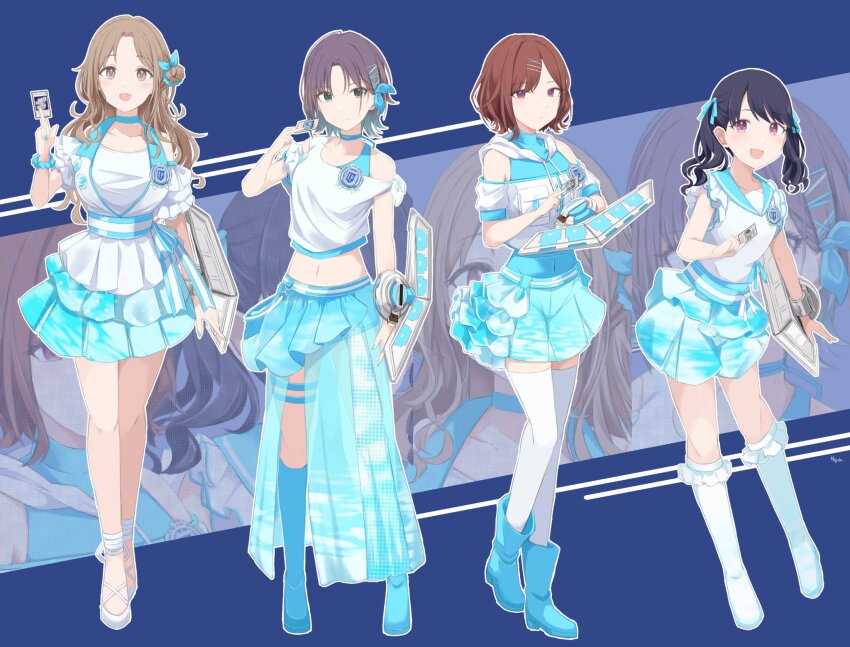 4girls, aqua_hair, asakura_toru, black_hair, blue_boots, blue_choker, blue_nails, blue_sailor_collar