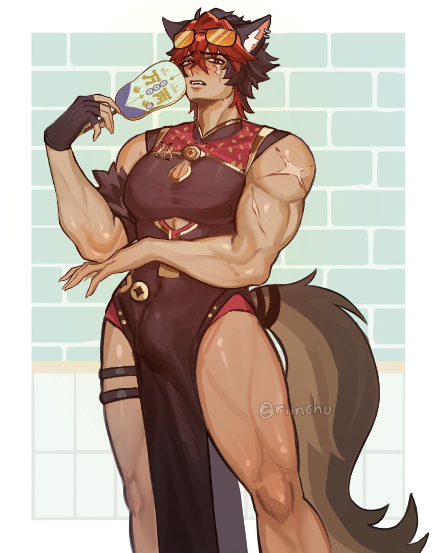 1boy, animal_ears, bare_pectorals, black_gloves, breasts, chinese_clothes, cleavage, commentary