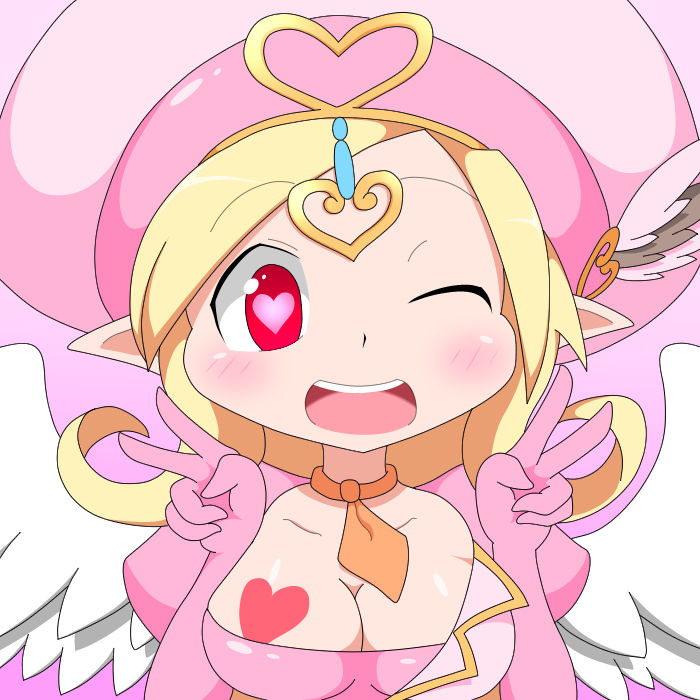 1girl, amauchi, angel, angel_wings, blonde_hair, breasts, cleavage, commentary_request