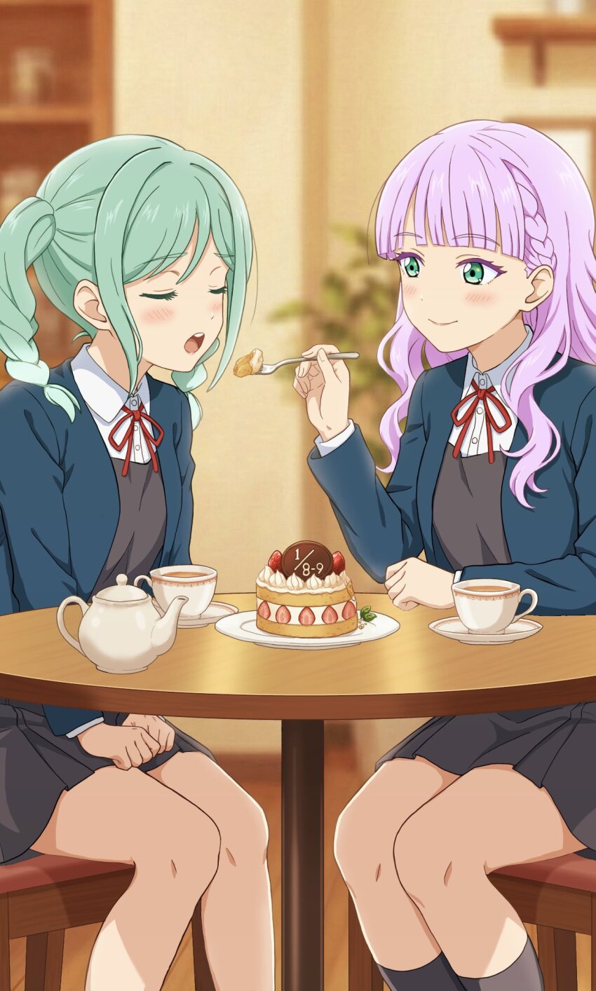 2girls, aqua_eyes, black_skirt, blue_jacket, blurry, blurry_background, blush, cake, chair, closed_eyes, commentary_request, cup, dessert, donguri_chitta, food, fork, green_eyes, highres, holding, holding_fork, indoors, jacket, kettle, long_hair, looking_at_another, love_live!, love_live!_superstar!!, multiple_girls, on_chair, onitsuka_natsumi, onitsuka_tomari, open_mouth, purple_eyes, school_uniform, shirt, sitting, skirt, smile, socks, table, tea, teacup, teeth, twintails, upper_teeth_only, white_shirt, yuigaoka_school_uniform