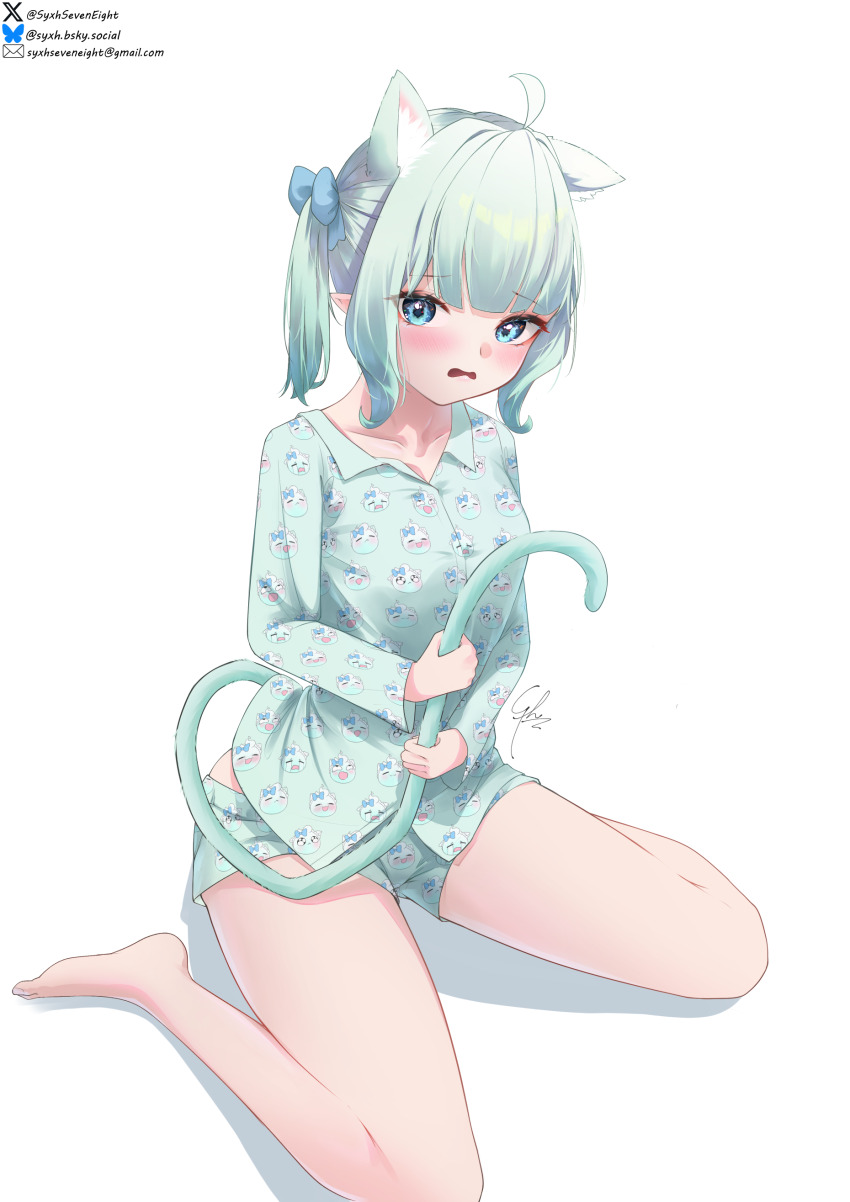 1girl, absurdres, alternate_hairstyle, animal_ears, blue_eyes, bluesky_username, blush, cat_ears