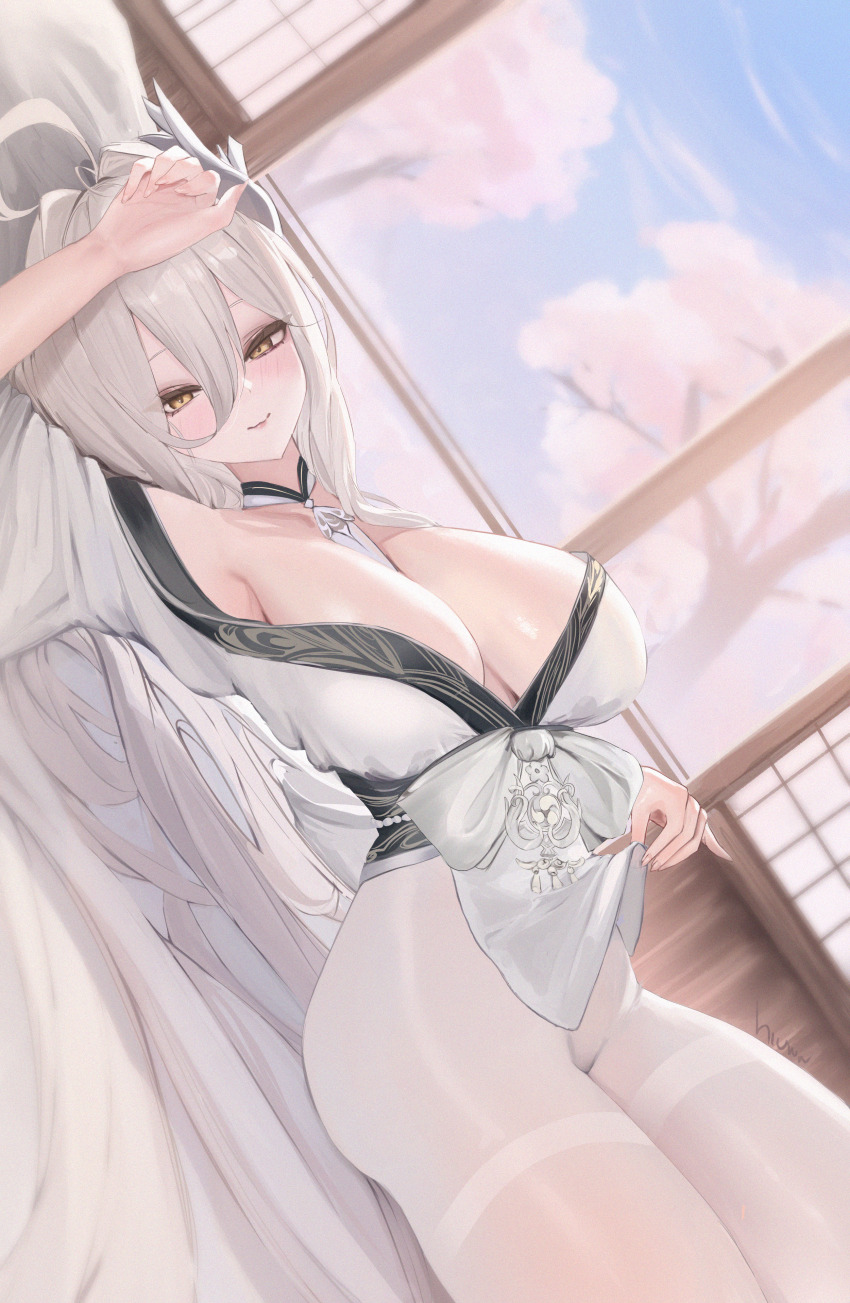 1girl, absurdres, ahoge, artist_name, azur_lane, bare_shoulders, between_breasts, blue_sky