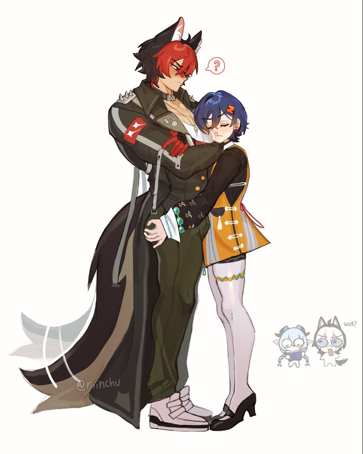 animal_ears, ass, belle_(zenless_zone_zero), blood, blue_hair, blush, bulge, dog_boy