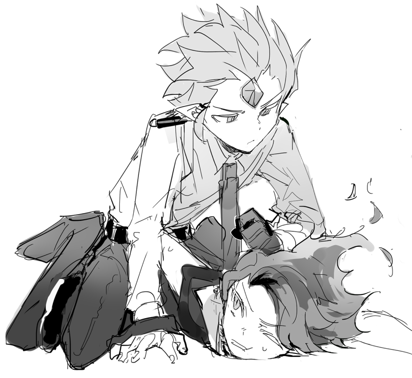 2boys, alternate_costume, bad_id, bad_twitter_id, belt, boy_on_top, collared_shirt, commentary