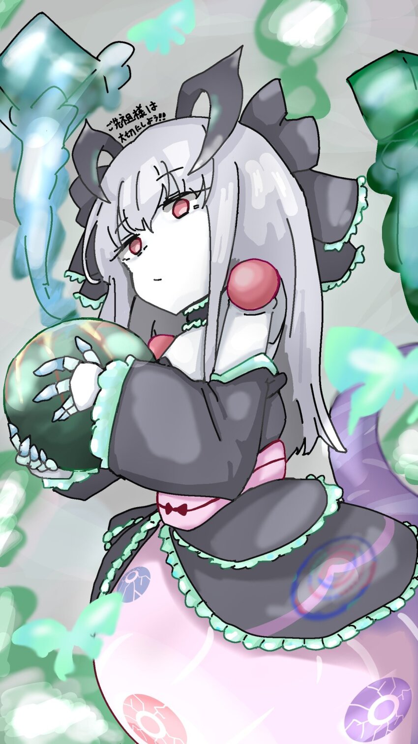 1girl, alipheese_fateburn_v_(doll), bare_shoulders, black_bow, bow, closed_mouth, colored_skin, commentary_request