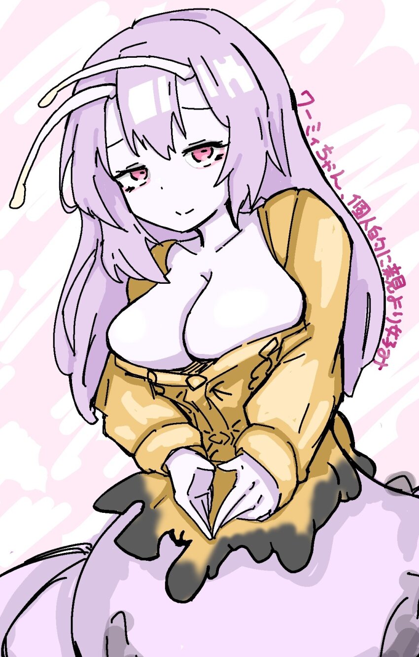 1girl, antennae, breasts, cleavage, closed_mouth, colored_skin, commentary_request, highres