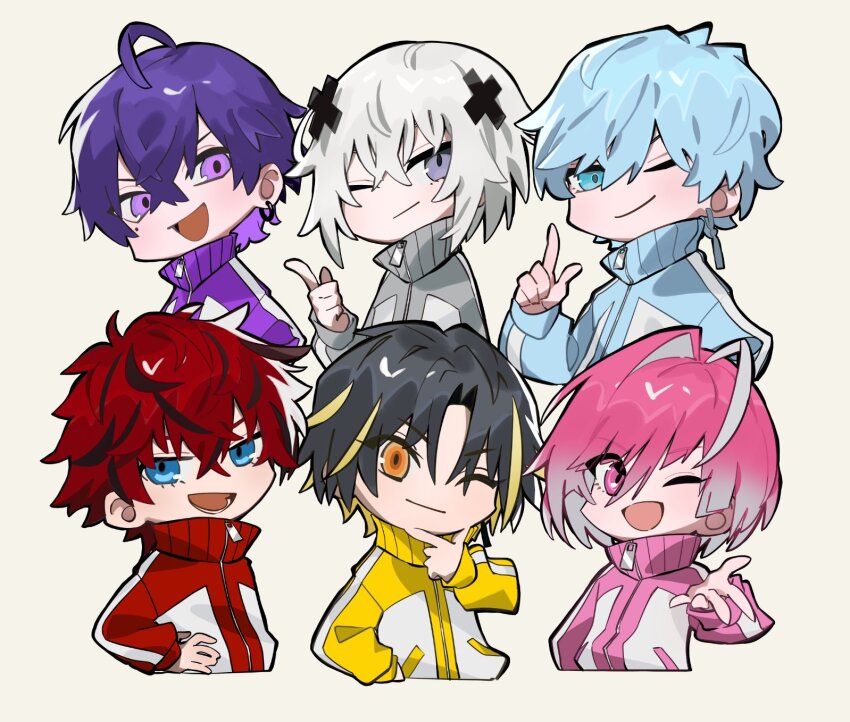 6+boys, ahoge, black_hair, blue_eyes, blue_hair, blue_jacket, chibi, chibi_only