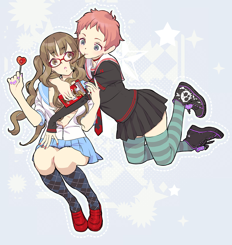 2girls, argyle_clothes, argyle_legwear, brown_eyes, brown_hair, candy, detached_sleeves, food