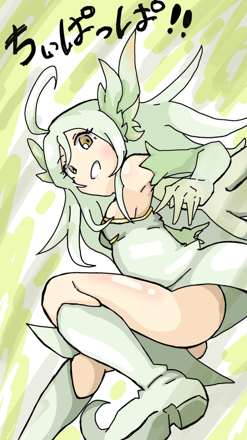 1girl, ahoge, bare_shoulders, boots, breasts, brown_eyes, colorful_background, commentary_request