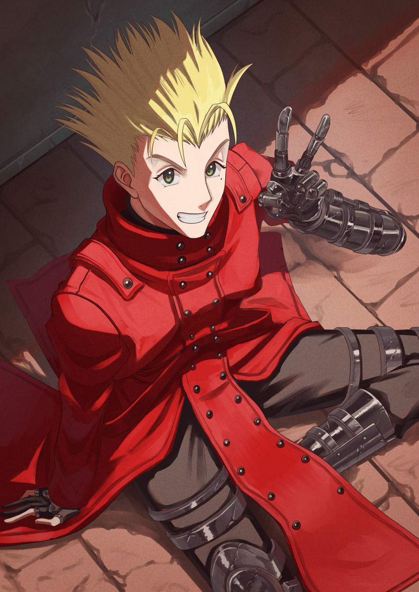 1boy, absurdres, arm_support, black_pants, blonde_hair, coat, commentary, english_commentary