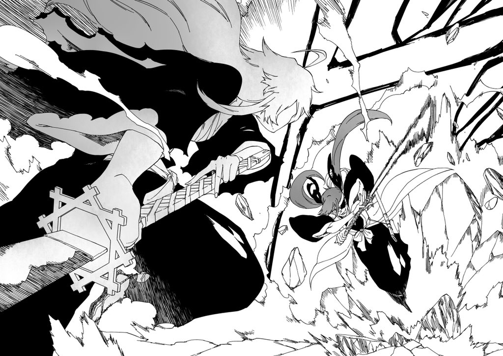 2girls, bleach, bleach:_sennen_kessen-hen, chest_sarashi, commentary_request, duel, eyepatch, greyscale