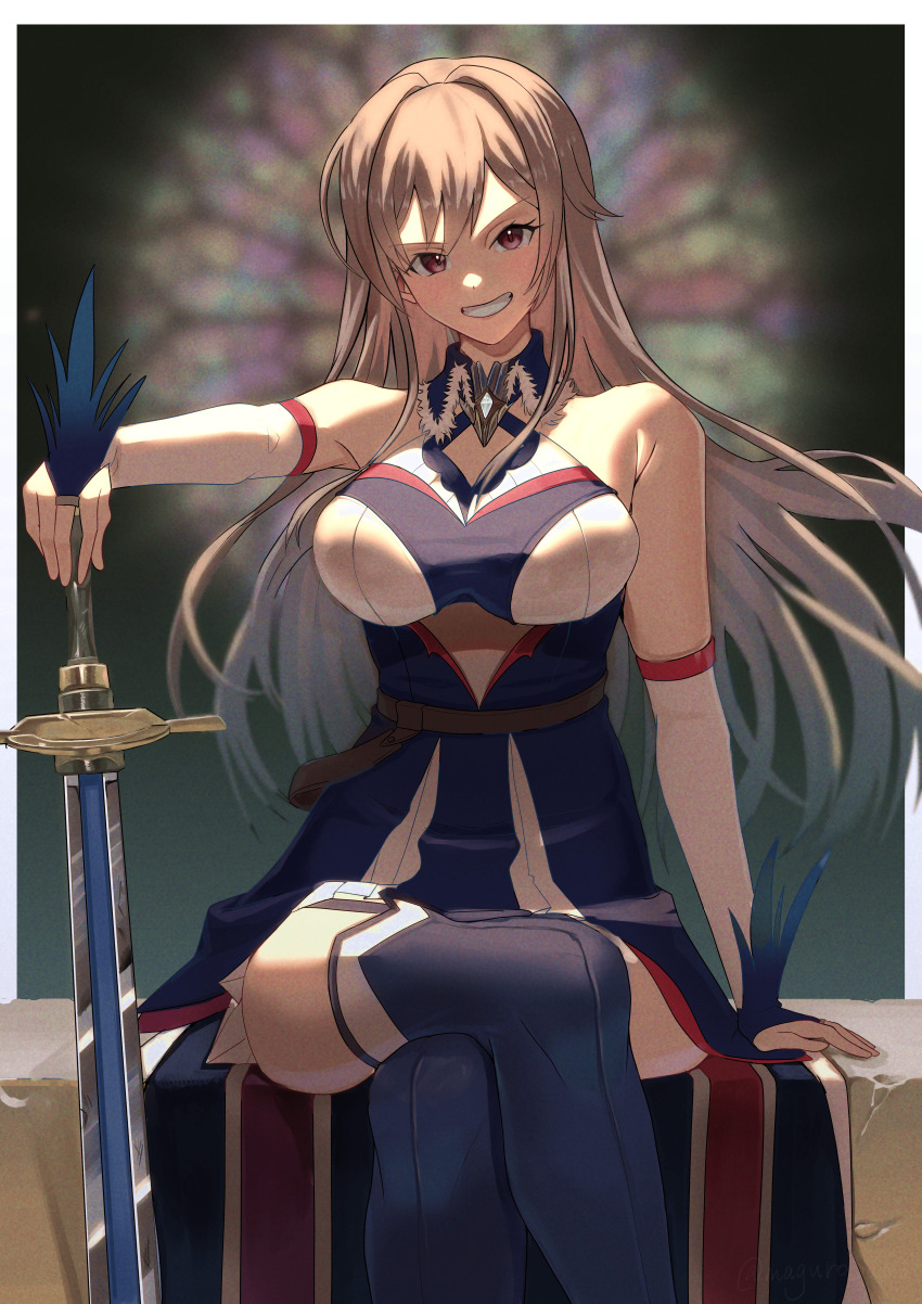 1girl, absurdres, arm_support, border, breasts, bridal_gauntlets, brown_eyes, brown_hair