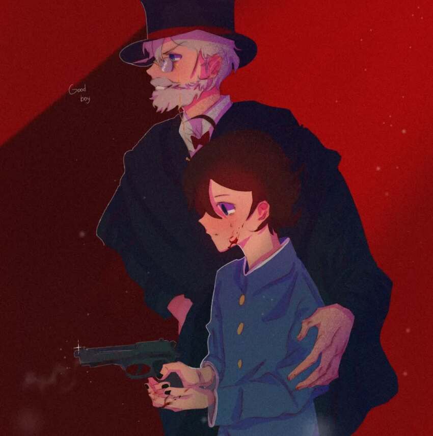 2boys, aged_down, arsene_lupin_i, arsene_lupin_iii, beard, black_hat, blood, blood_on_face