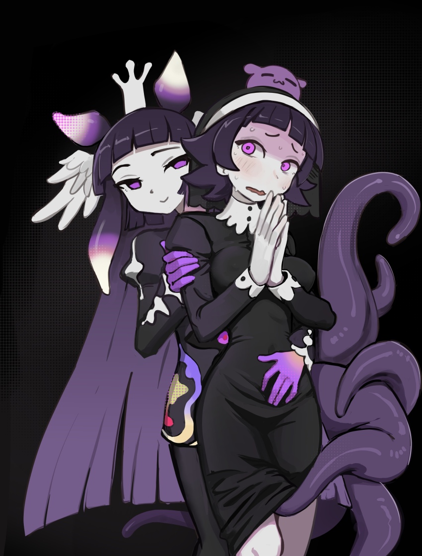 2girls, absurdres, behind_another, black_background, black_dress, black_hair, black_veil, blunt_bangs