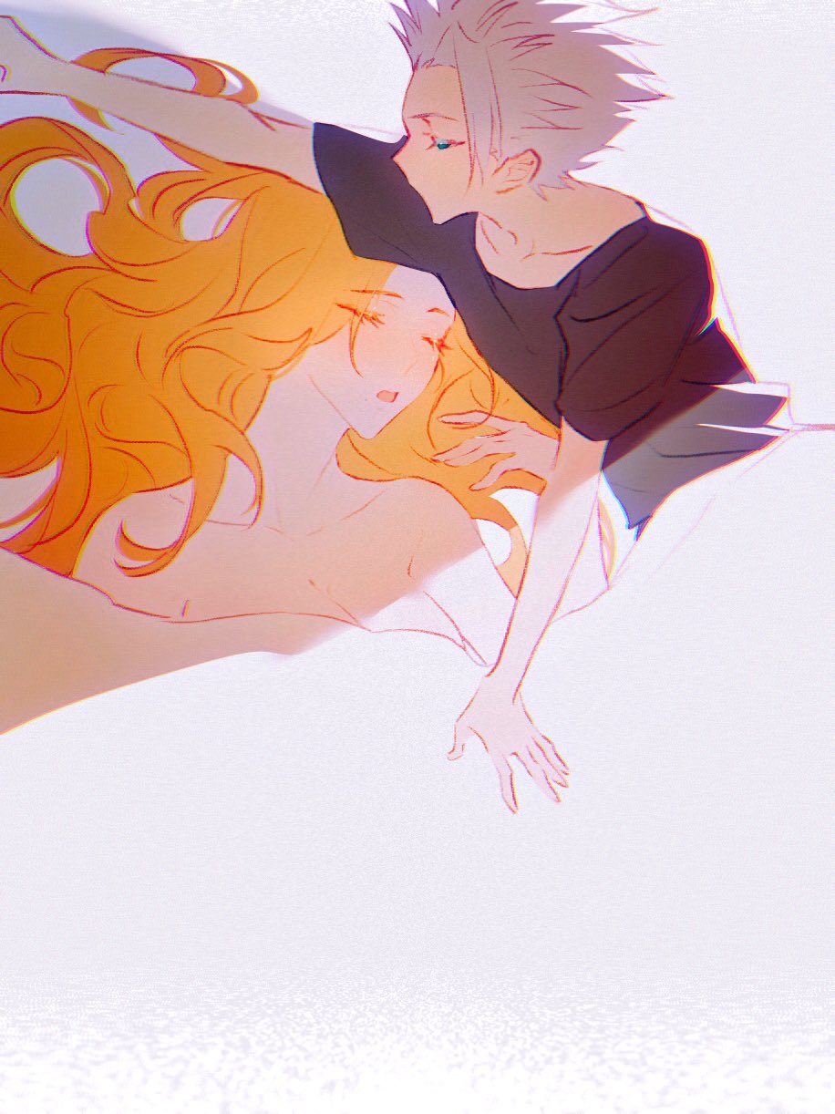 1boy, 1girl, bare_shoulders, black_shirt, bleach, blue_eyes, breasts, chromatic_aberration